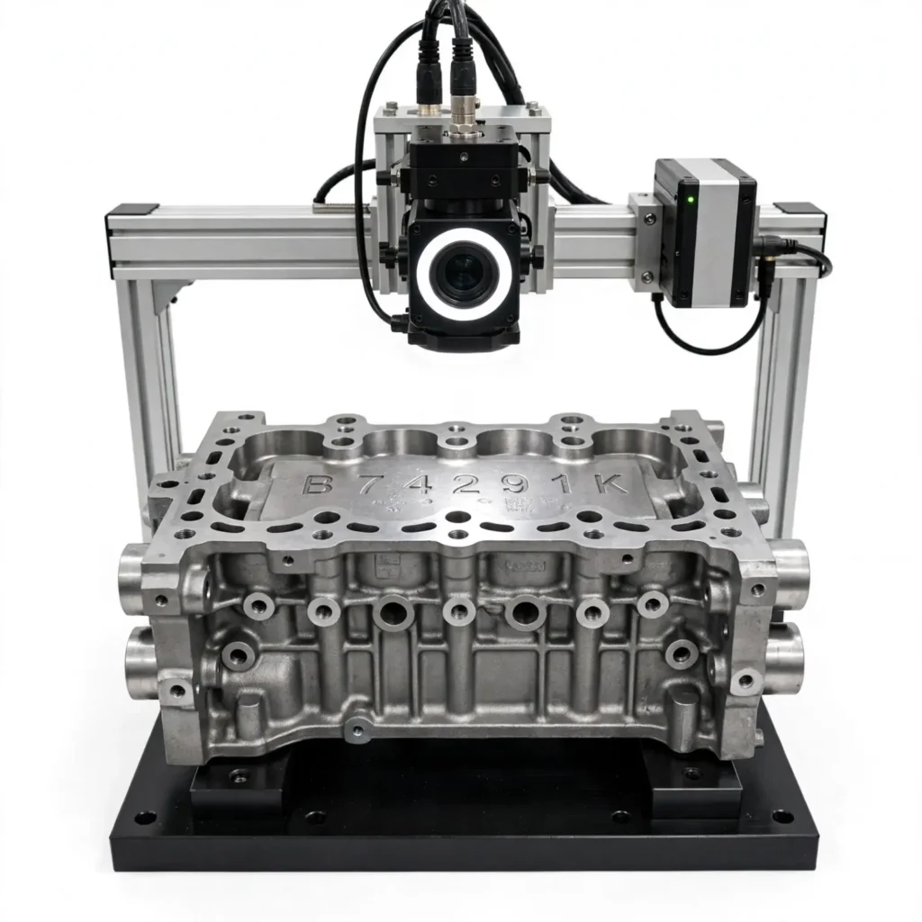 Engine block stamping inspection machine vision examining stamped embossed marking characters with OCR inspection