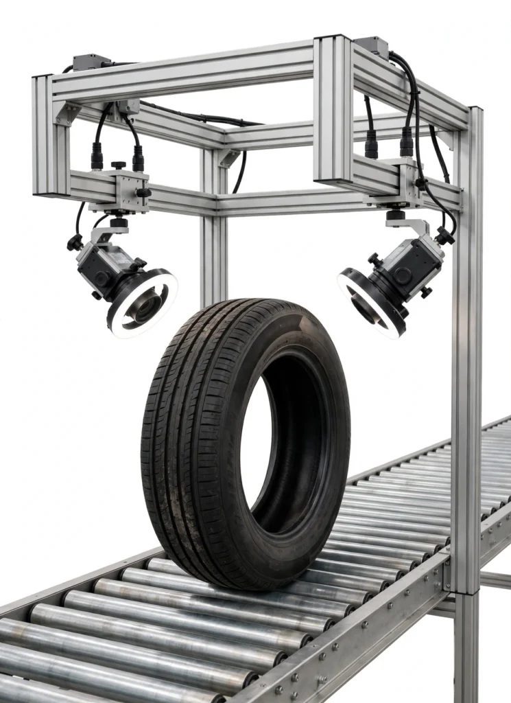 Industrial vision system inspecting tyre label on conveyor