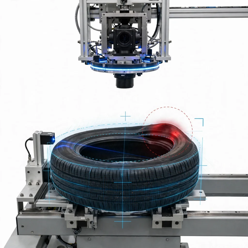 Machine vision assembly error detection identifying tyre deviation with red highlight at inspection checkpoint