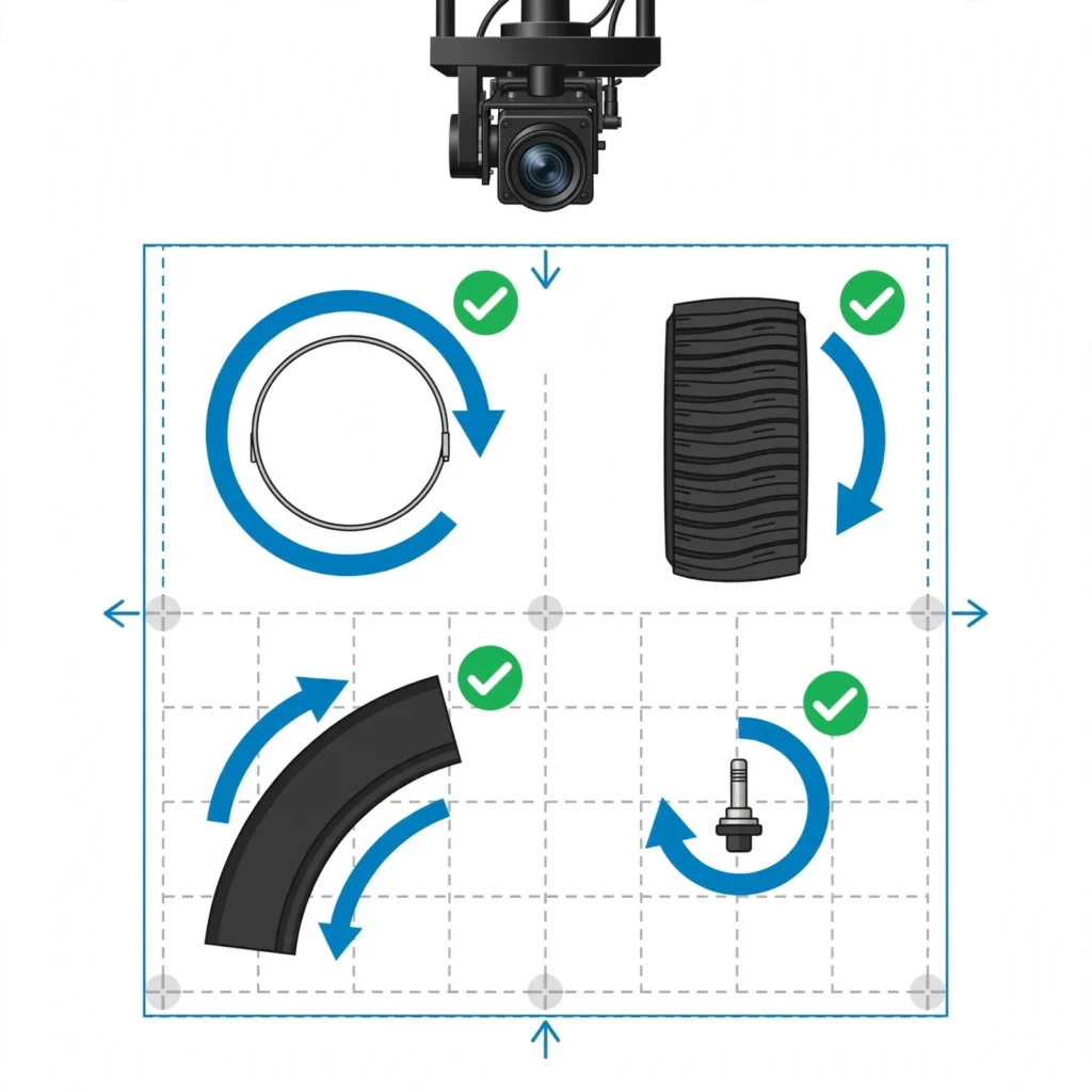 Machine vision component orientation and position check verifying tyre parts arrangement with rotation indicators