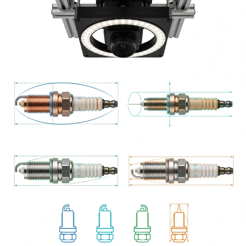 Machine vision inspection confirming intended spark plug variant supplied to workstation assembly location