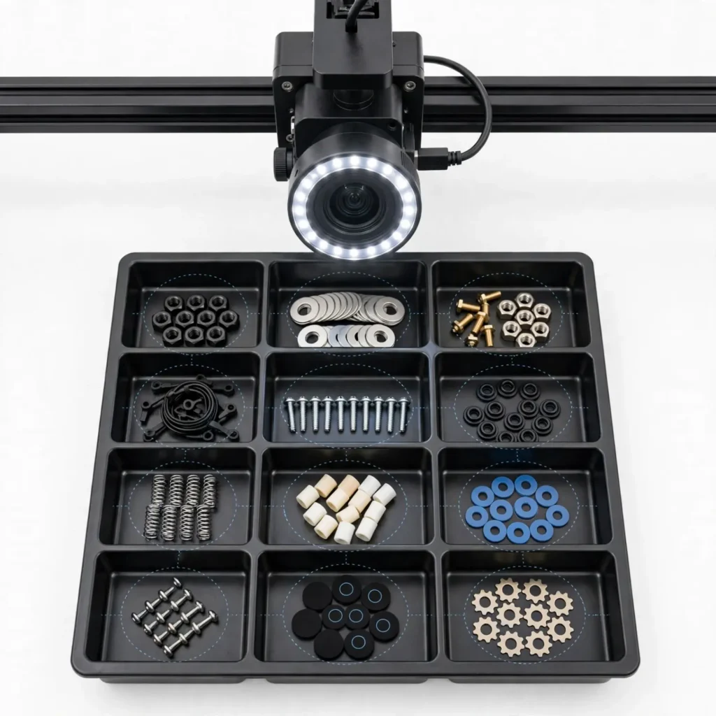 Machine vision kitting and component counting system verifying assembly kit contents with overhead camera