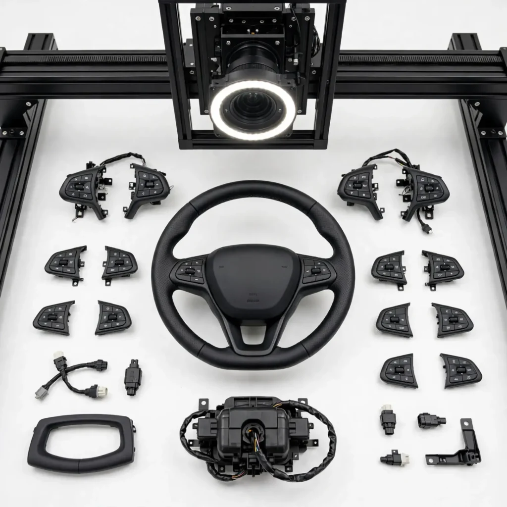 Steering wheel assembly inspection system checking visible components placement variant identification