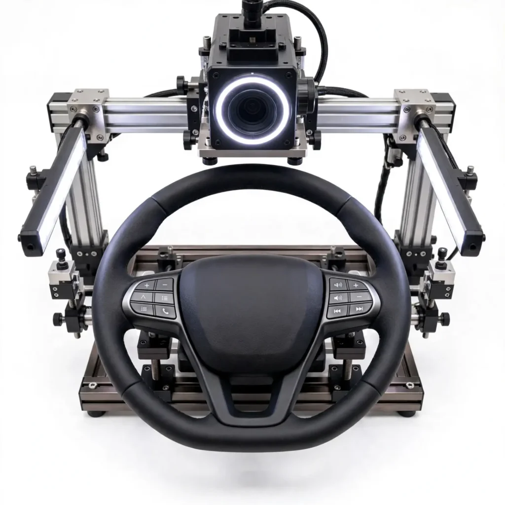 Steering wheel button assembly inspection verifying presence and arrangement of buttons control components