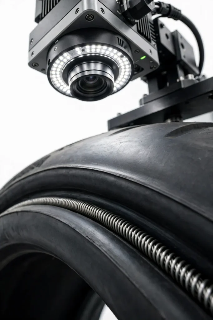 Tyre bead area machine vision inspection close-up checking bead wire presence and seating with LED ring light camera