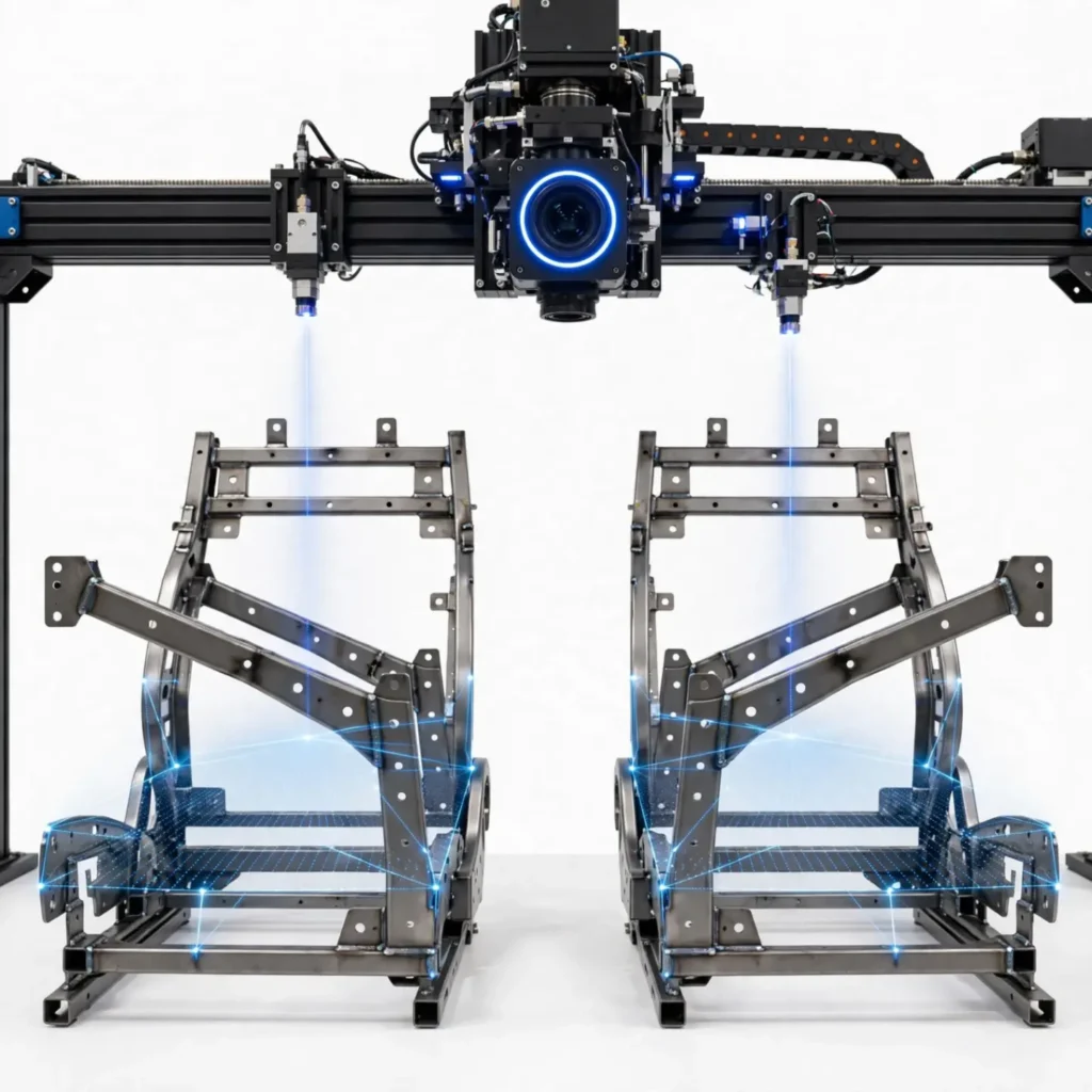 Vision application evaluating mounting features to confirm correct seat frame for intended assembly