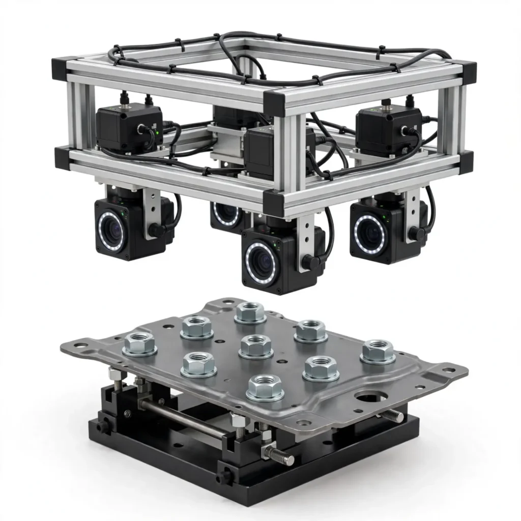 Vision system checking multiple nut locations within one image sequence identifying missing fasteners
