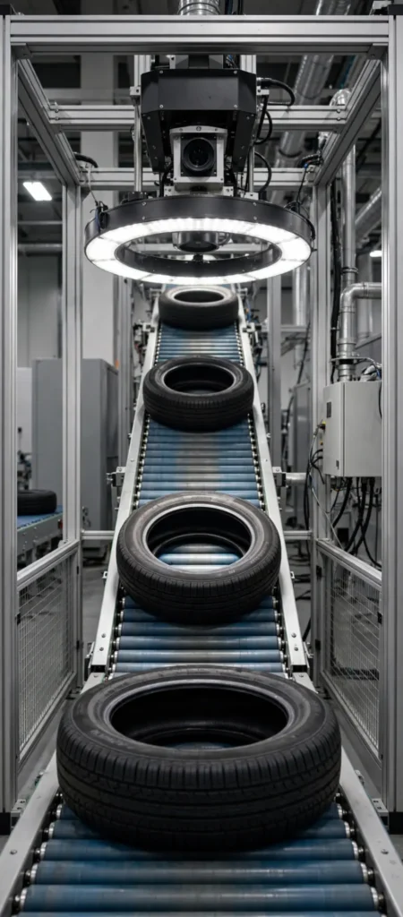 Tyre inspection system with vision camera and ring light on conveyor